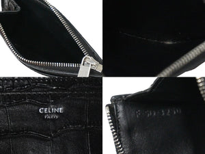 CELINE セリーヌ フォンポーチ&カードケース ショルダーストラップ クロコ型押し レザー ブラック シルバー 美品 中古 54312