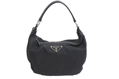 PRADA プラダ ハンドバッグ ワンショルダー 三角プレート ブラック ナイロン BR3332 シルバー金具 良品 中古 54324
