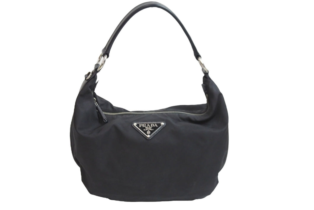 PRADA プラダ ハンドバッグ ワンショルダー 三角プレート ブラック ナイロン BR3332 シルバー金具 良品 中古 54324