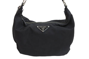 PRADA プラダ ハンドバッグ ワンショルダー 三角プレート ブラック ナイロン BR3332 シルバー金具 良品 中古 54324
