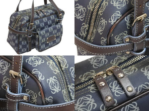 LOEWE ロエベ ハンドバッグ アナグラム柄 ポーチ付き 290410 レザー PVC ネイビー ブラウン ゴールド金具 良品 中古 54327