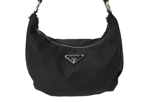 PRADA プラダ ハンドバッグ ワンショルダー 三角プレート ブラック ナイロン BR3332 シルバー金具 美品 中古 54358