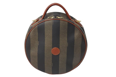 FENDI フェンディ ぺカン 丸型 ハンドバッグ ロゴ ブラウン ブラック レザー コーティングキャンバス 鞄 良品 中古 54364