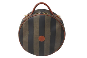 FENDI フェンディ ぺカン 丸型 ハンドバッグ ロゴ ブラウン ブラック レザー コーティング キャンバス 鞄 良品 中古 54364 
