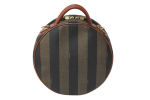 FENDI フェンディ ぺカン 丸型 ハンドバッグ ロゴ ブラウン ブラック レザー コーティング キャンバス 鞄 良品 中古 54364 