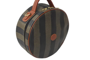 FENDI フェンディ ぺカン 丸型 ハンドバッグ ロゴ ブラウン ブラック レザー コーティング キャンバス 鞄 良品 中古 54364 