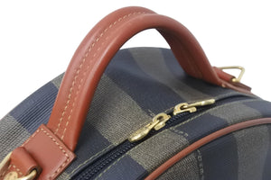 FENDI フェンディ ぺカン 丸型 ハンドバッグ ロゴ ブラウン ブラック レザー コーティング キャンバス 鞄 良品 中古 54364 
