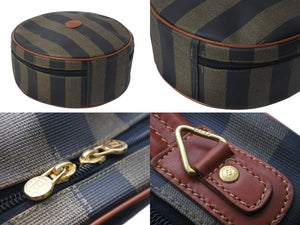 FENDI フェンディ ぺカン 丸型 ハンドバッグ ロゴ ブラウン ブラック レザー コーティング キャンバス 鞄 良品 中古 54364 
