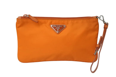 PRADA プラダ ポーチ 1NH545 ストラップ付き TESSUTO アランチョ ナイロン プレートロゴ シルバー オレンジ金具 美品 中古 54425 