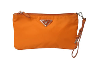 PRADA プラダ ポーチ 1NH545 ストラップ付き TESSUTO アランチョ ナイロン プレートロゴ シルバー オレンジ金具 美品 中古 54425 