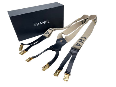 CHANEL シャネル サスペンダー ココマーク ヴィンテージ ゴム レザー ベージュ ゴールド 美品 中古 54574