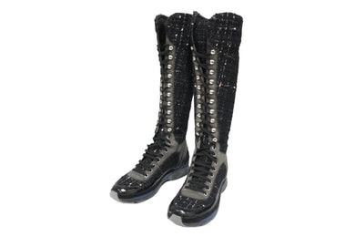 CHANEL シャネル ロングブーツ ラウンドトゥ ココマーク G30443 ツイード レザー 39 ブラック シルバー 美品 中古 54582