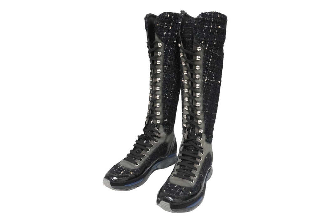 CHANEL シャネル ロングブーツ ラウンドトゥ ココマーク G30443 ツイード レザー 39 ブラック シルバー 美品 中古 54582