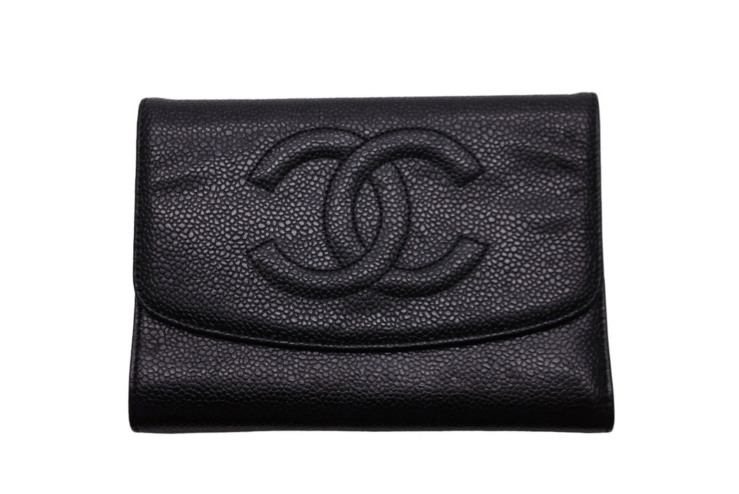 CHANEL シャネル 三つ折り財布 ココマーク 5番台 ブラック キャビアスキン ゴールド金具 美品 中古 54589
