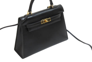 極美品 エルメス HERMES ミニミニ ケリー 15 黒 ブラック ゴールド金具 ボックスカーフ 外縫 2WAY ショルダーバッグ 中古 54853