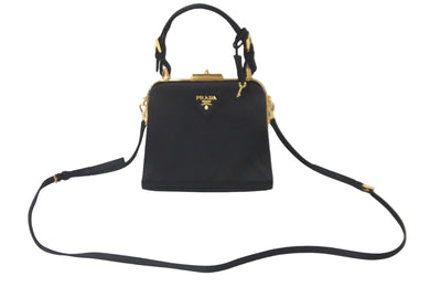 PRADA プラダ 2WAYショルダーバッグ 取り外し可能ショルダーストラップ MW2275 サテン ブラック ゴールド金具 美品 中古 54876