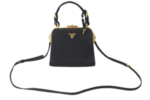 PRADA プラダ 2WAYショルダーバッグ 取り外し可能ショルダーストラップ MW2275 サテン ブラック ゴールド金具 美品 中古 54876