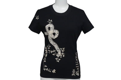 極美品 JOHN GALLIANO ジョンガリアーノ 半袖Ｔシャツ トップス リボン刺繍 レース 3A12051197 コットン ブラック S 中古 55127