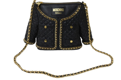 MOSCHINO モスキーノ キルト ジャケット ショルダーバッグ ラムスキン ブラック ゴールド ロゴ ゴールド金具 美品 中古 55129