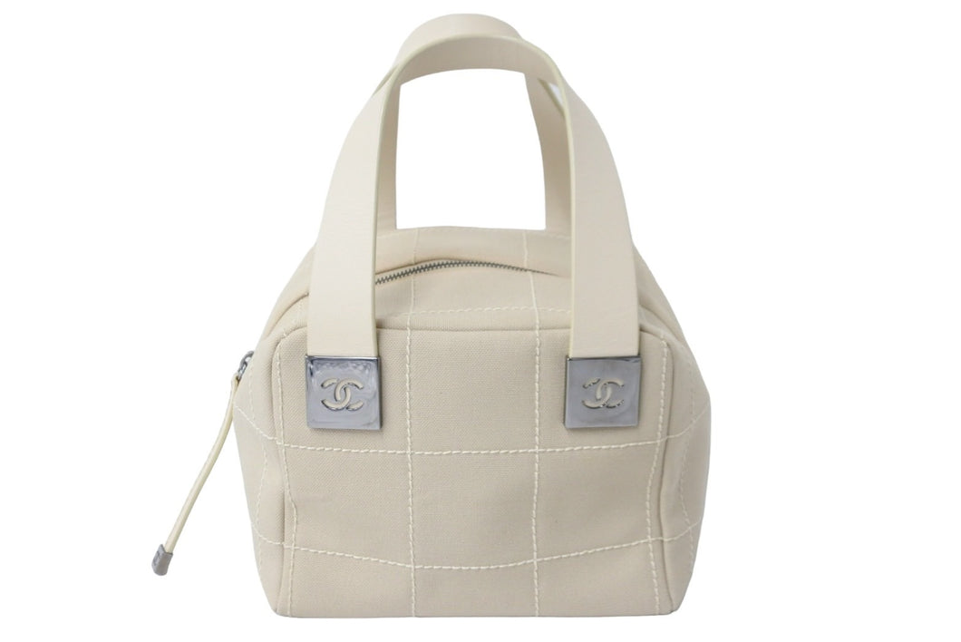 CHANEL シャネル ハンドバッグ チョコバー ココマーク キャンバス レザー ベージュ シルバー金具 8番台 2003年 美品 中古 55234