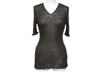 Load image into Gallery viewer, 極美品 CHANEL シャネル ココマーク ニット カットソー 99P カーキ Vネック 半袖 ロゴ P12593V00565 トップス サイズ40 中古 55323