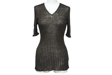極美品 CHANEL シャネル ココマーク ニット カットソー 99P カーキ Vネック 半袖 ロゴ P12593V00565 トップス サイズ40 中古 55323