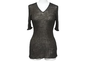 極美品 CHANEL シャネル ココマーク ニット カットソー 99P カーキ Vネック 半袖 ロゴ P12593V00565 トップス サイズ40 中古 55323
