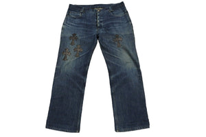 CHROME HEARTS クロムハーツ レザークロスパッチデニムパンツ ブルー ブラック シルバー金具 サイズ36 美品 中古 55339 