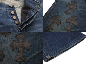 CHROME HEARTS クロムハーツ レザークロスパッチデニムパンツ ブルー ブラック シルバー金具 サイズ36 美品 中古 55339 