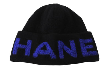 極美品 CHANEL シャネル ココマークロゴ ニット帽 帽子 キャップ ビーニー カシミア ブラック ブルー 中古 55418