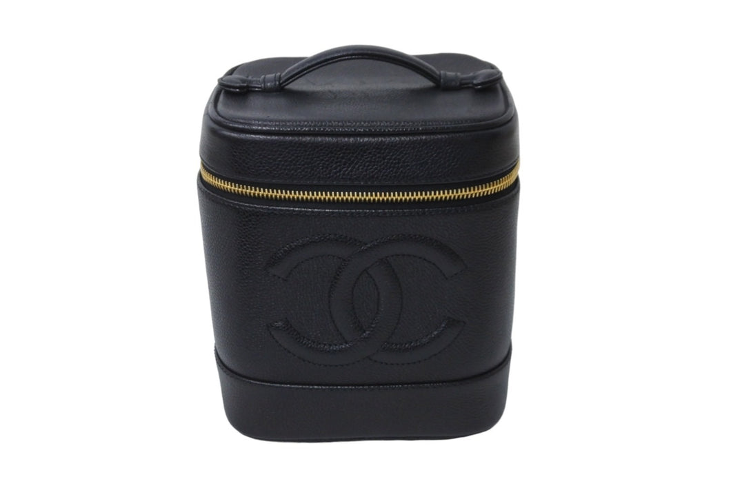 CHANEL シャネル ココマーク バニティバッグ 縦型 ハンドバッグ 5番台 キャビアスキン ブラック ゴールド金具 美品 中古 55487