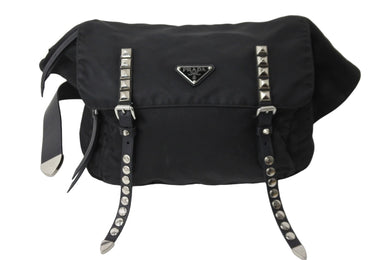 PRADA プラダ ナイロン スタッズショルダーバッグ ブラック トライアングルロゴ シルバー金具 黒レザー 中古 55554 
