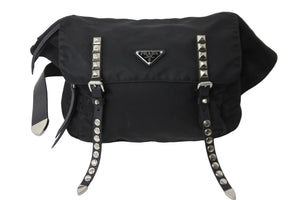 PRADA プラダ ナイロン スタッズショルダーバッグ ブラック トライアングルロゴ シルバー金具 黒レザー 中古 55554 