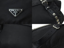 画像をギャラリービューアに読み込む, PRADA プラダ ナイロン スタッズショルダーバッグ ブラック トライアングルロゴ シルバー金具 黒レザー 中古 55554 
