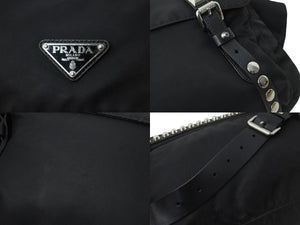 PRADA プラダ ナイロン スタッズショルダーバッグ ブラック トライアングルロゴ シルバー金具 黒レザー 中古 55554 
