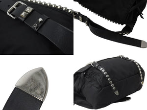 PRADA プラダ ナイロン スタッズショルダーバッグ ブラック トライアングルロゴ シルバー金具 黒レザー 中古 55554 