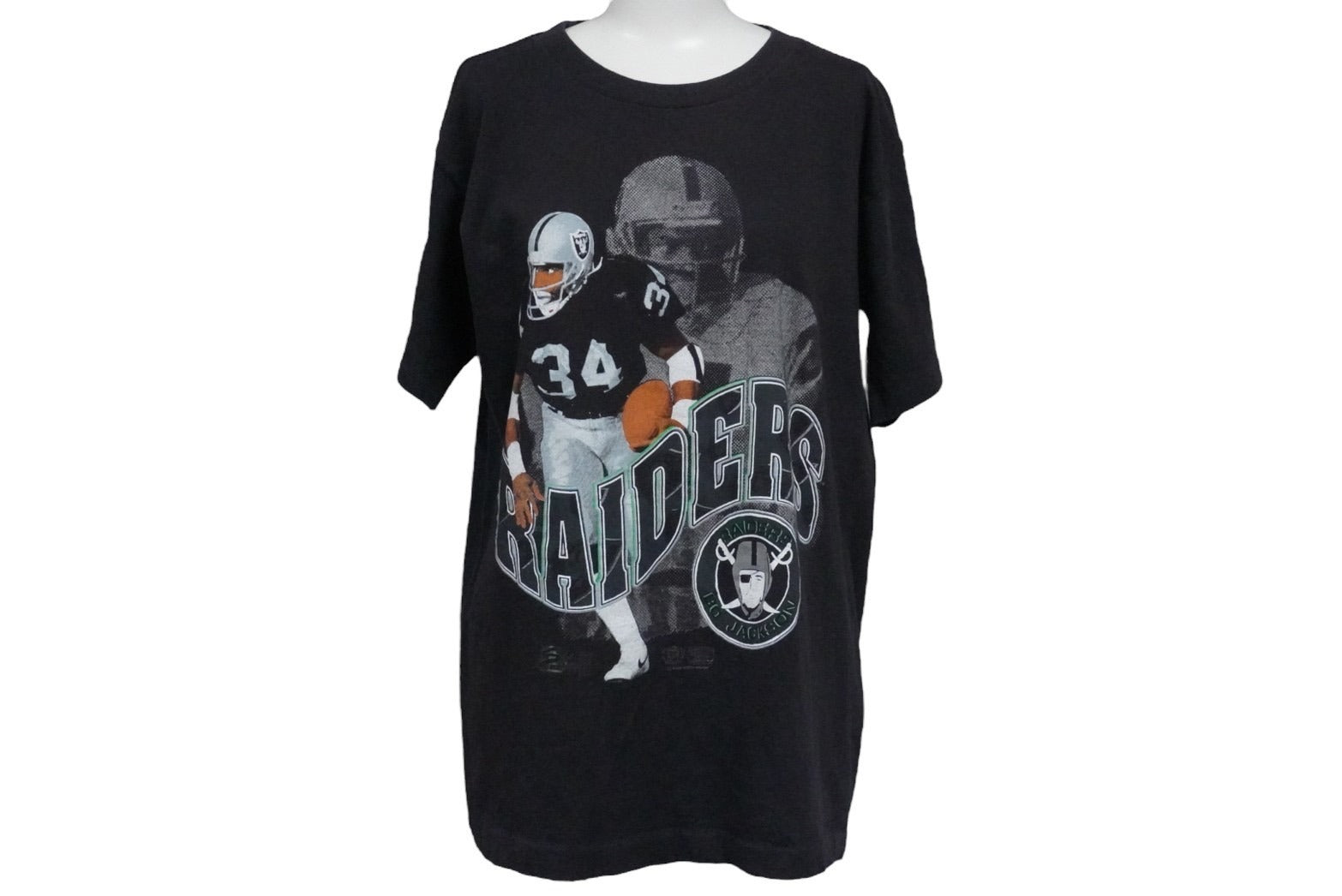 RAIDERS Bo Jackson ラスベガス レイダース ボー ジャクソン NFL ヴィンテージ 半袖Ｔシャツ ブラック コットン M 良品 中古 55556 RAIDERS Bo Jackson ラスベガス レイダース ボー ジャクソン NFL