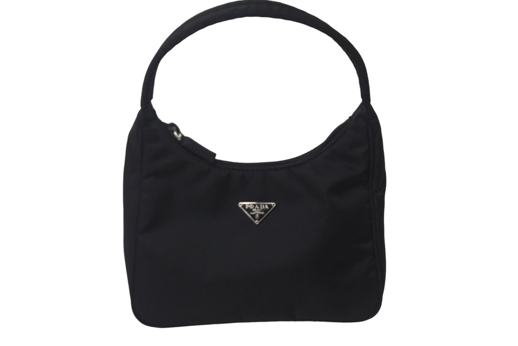 極美品 PRADA プラダ ハンドバッグ ワンショルダー MV515 ホーボー ミニバッグ 三角 ブラック シルバー金具 中古 55626 
