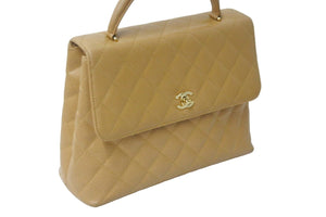 CHANEL シャネル ハンドバッグ トップハンドル キャビアスキン ベージュ ゴールド金具 ターンロック 美品 中古 55635