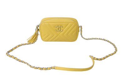 CHANEL シャネル レザー チェーン ショルダーバッグ タッセル付き イエロー ココマーク シルバー金具 ロゴ 美品 中古 55646