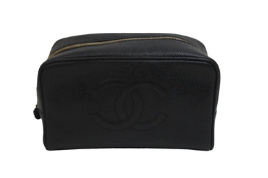 CHANEL シャネル 化粧ポーチ ブラック キャビアスキン ココマーク ゴールド金具 3番台 美品 中古 55706
