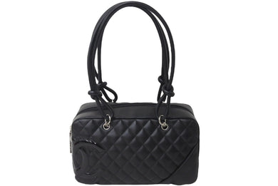 CHANEL シャネル カンボンライン ボーリング ハンドバッグ ココマーク 13番台 ブラック ラムスキン シルバー金具 美品 中古 55714