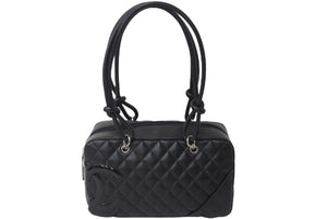 CHANEL シャネル カンボンライン ボーリング ハンドバッグ ココマーク 13番台 ブラック ラムスキン シルバー金具 美品 中古 55714