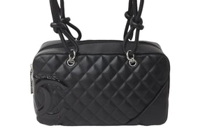 CHANEL シャネル カンボンライン ボーリング ハンドバッグ ココマーク 13番台 ブラック ラムスキン シルバー金具 美品 中古 55714