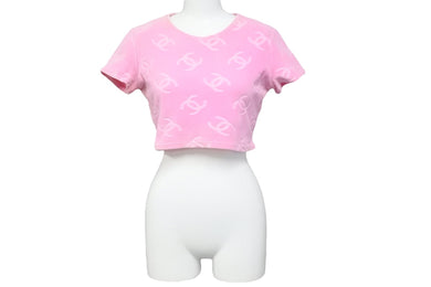 CHANEL シャネル ヴィンテージ 半袖Ｔシャツ チビT ココマーク クロップド ベロア ピンク 品質タグ無し 良品 中古 55843
