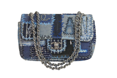 極美品 CHANEL シャネル ショルダーバッグ パッチワーク マルチカラー ブルー ツイード デニム シルバー金具 21番台 中古 55862