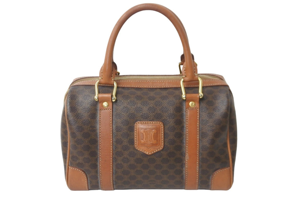 CELINE セリーヌ ハンドバッグ ミニボストンバッグ マカダム柄 PVC レザー ダークブラウン ゴールド金具 良品 中古 55898
