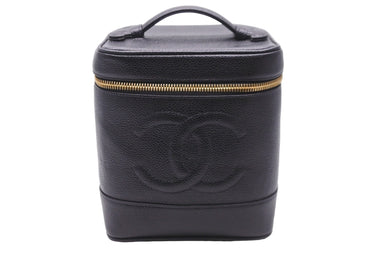 極美品 CHANEL シャネル 縦型 バニティ バッグ キャビアスキン ブラック ハンドバッグ ココマーク ポーチ ゴールド金具 中古 55924