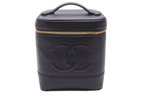極美品 CHANEL シャネル 縦型 バニティ バッグ キャビアスキン ブラック ハンドバッグ ココマーク ポーチ ゴールド金具 中古 55924