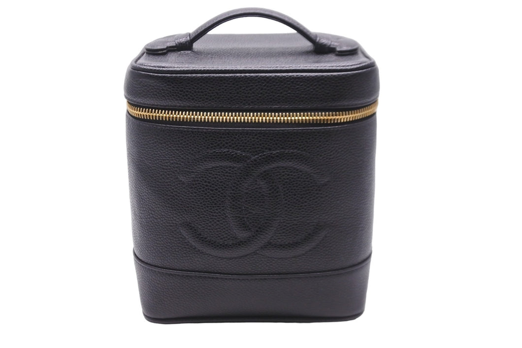 極美品 CHANEL シャネル 縦型 バニティ バッグ キャビアスキン ブラック ハンドバッグ ココマーク ポーチ ゴールド金具 中古 55924